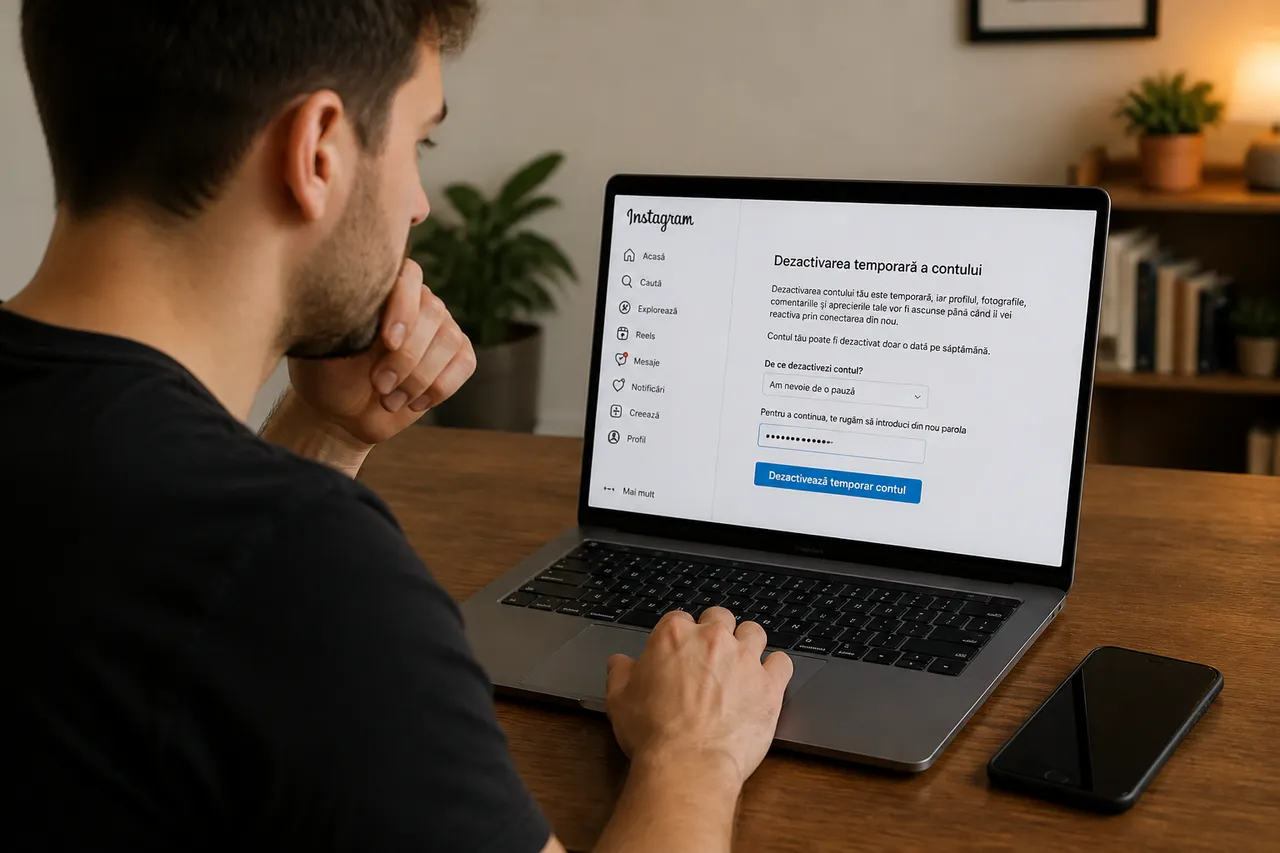 dezactivare temporară cont Instagram pe telefon și browser
