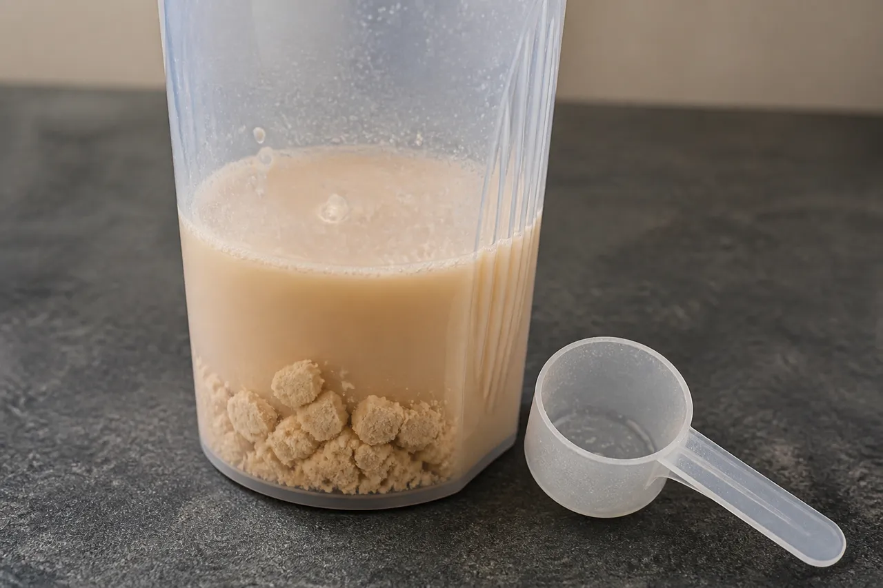 shake proteic cu cocoloașe și pudră nedizolvată