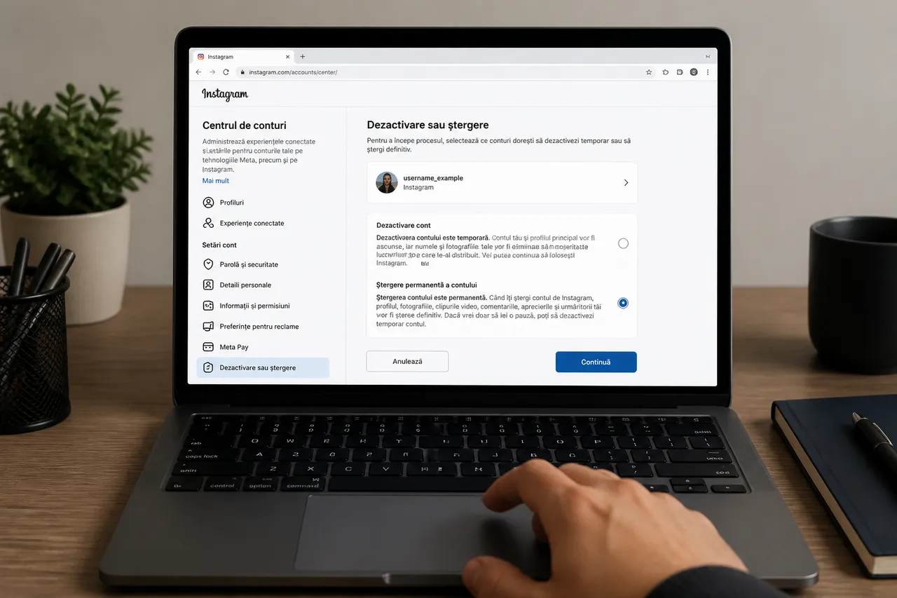 ștergere cont Instagram din browser pe laptop