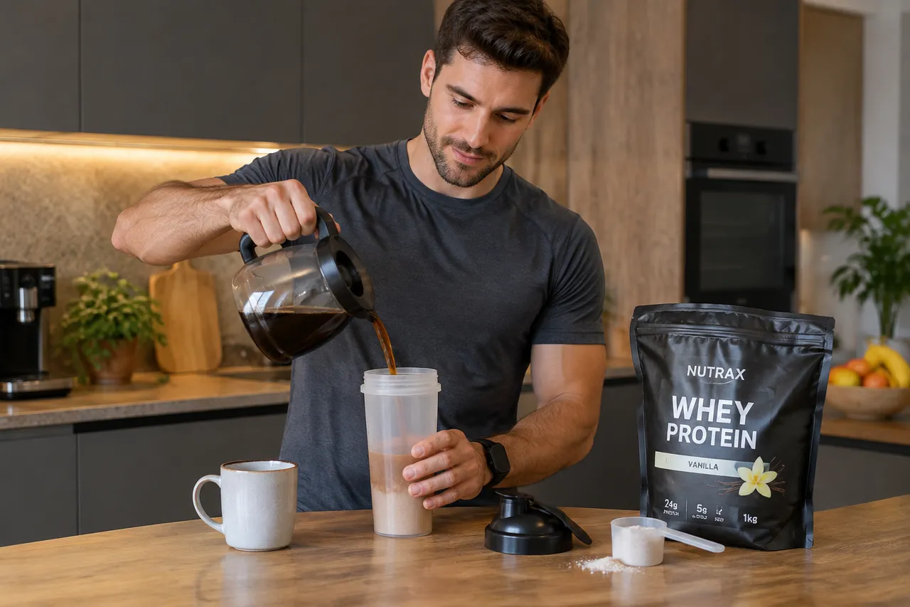 whey amestecat cu cafea pentru băutură proteică