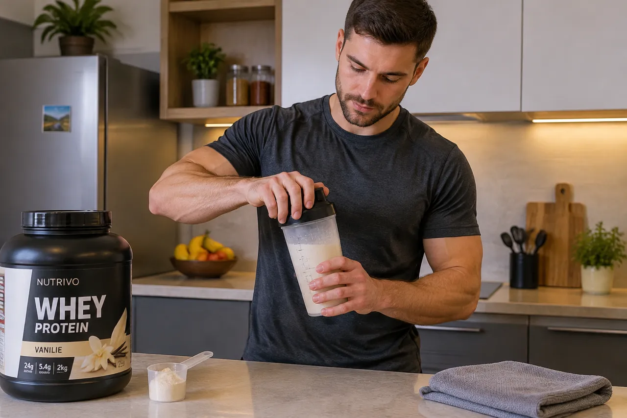 whey cu apă în shaker pentru aport proteic controlat